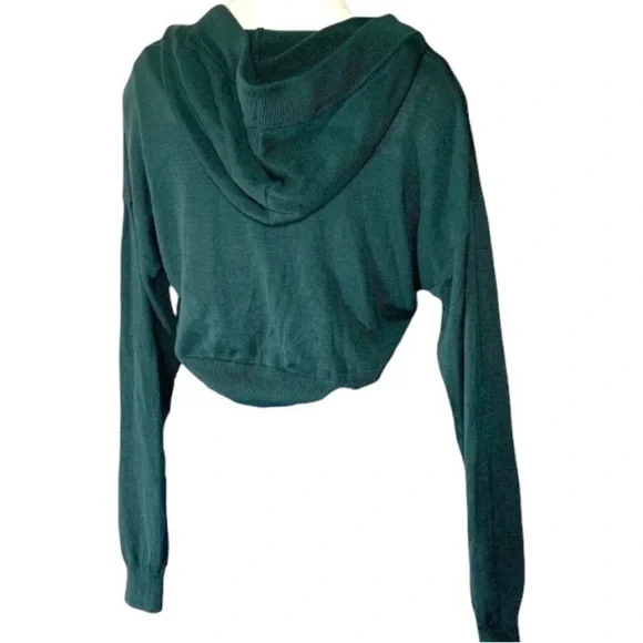Green Cropped Knit Hoodie Sweater S Long Sleeve Streetwear Chunky Drawcord Shirt - Picture 3 of 8